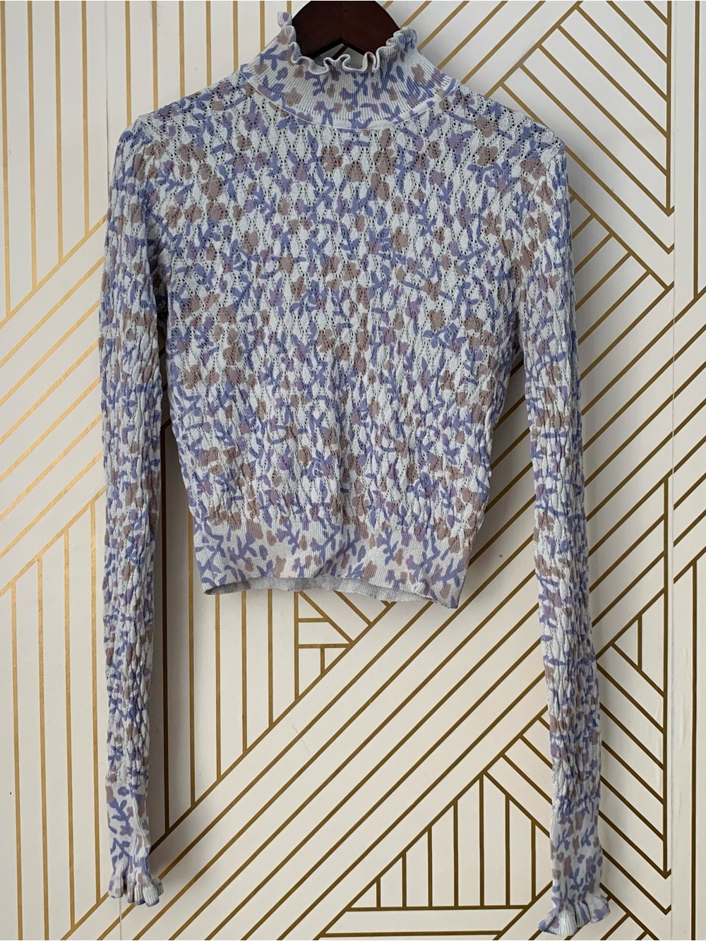 Zara Cropped Sweater Floral Lettuce ruffle hems Eyelet coquette boho romantic S
